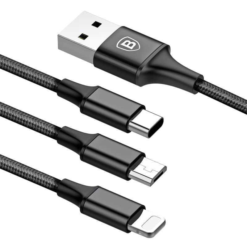 Baseus Rapid Series USB to Type-C and Lighting and MicroUSB 3-in-1 Fekete 120 cm