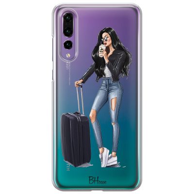 Woman Fekete Haired With Baggage Huawei P20 Pro Tok
