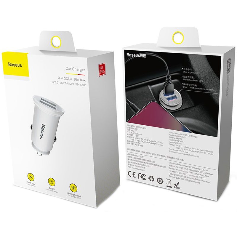 Baseus Car Charger Circular Plastic A+A Dual Quick Charge 3.0 30W Fehér