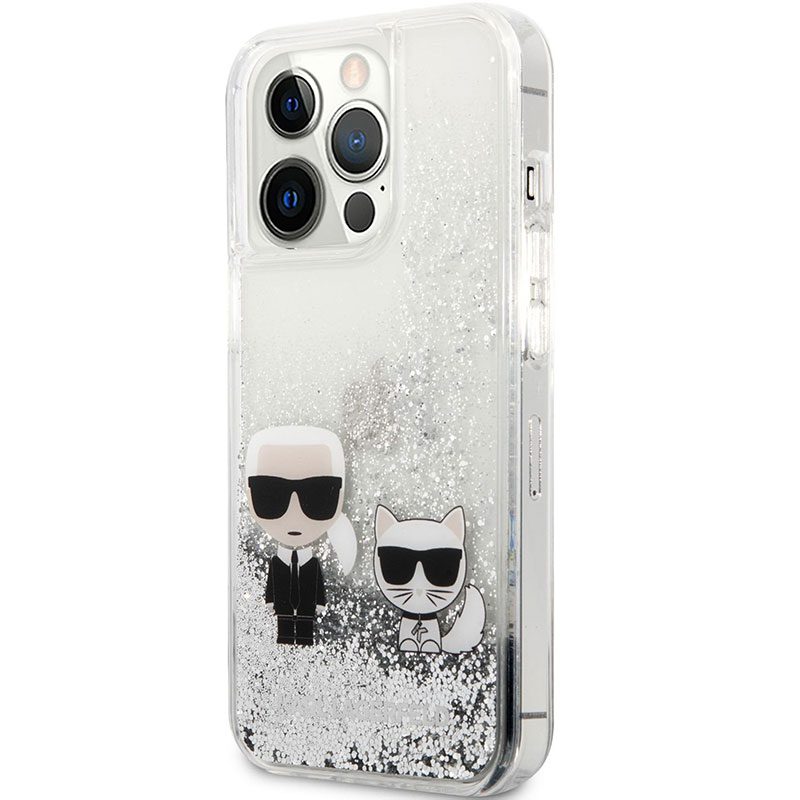 Karl Lagerfeld and Choupette Liquid Glitter Silver iPhone 13 Pro Max Tok