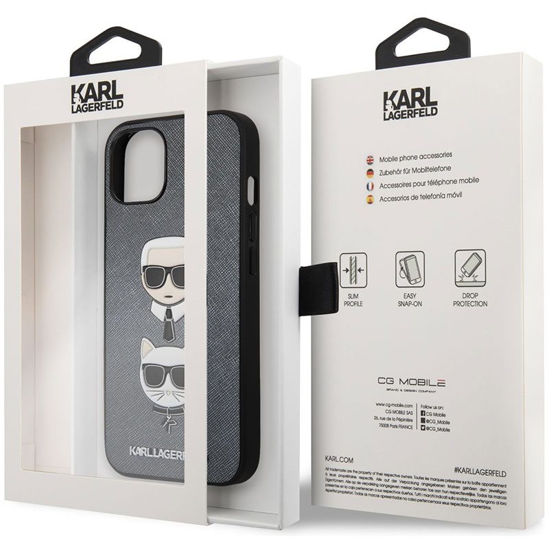 Karl Lagerfeld PU Saffiano Karl and Choupette Heads Silver iPhone 13 Mini Tok