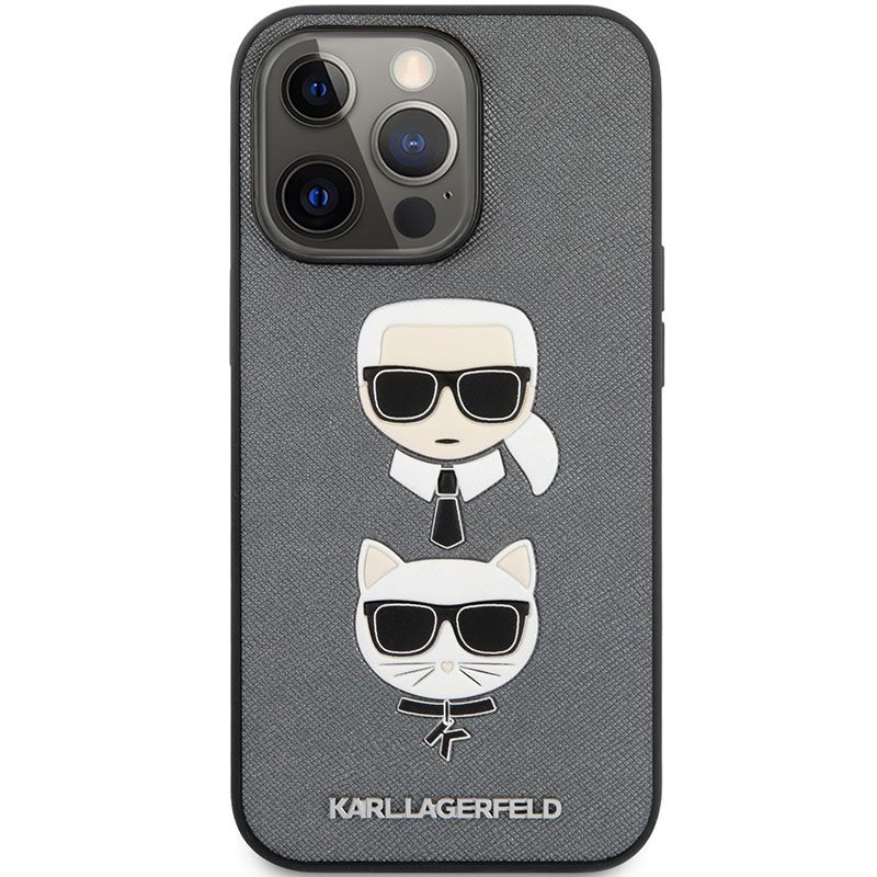 Karl Lagerfeld PU Saffiano Karl and Choupette Heads Silver iPhone 13 Pro Max Tok