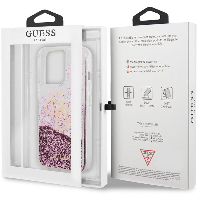 Guess TPU Big 4G Liquid Glitter Rózsaszín Transparent iPhone 13 Pro Max Tok