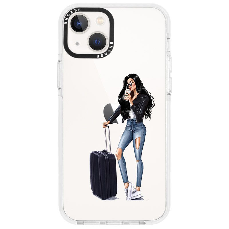 Woman Fekete Haired With Baggage iPhone 14 Tok
