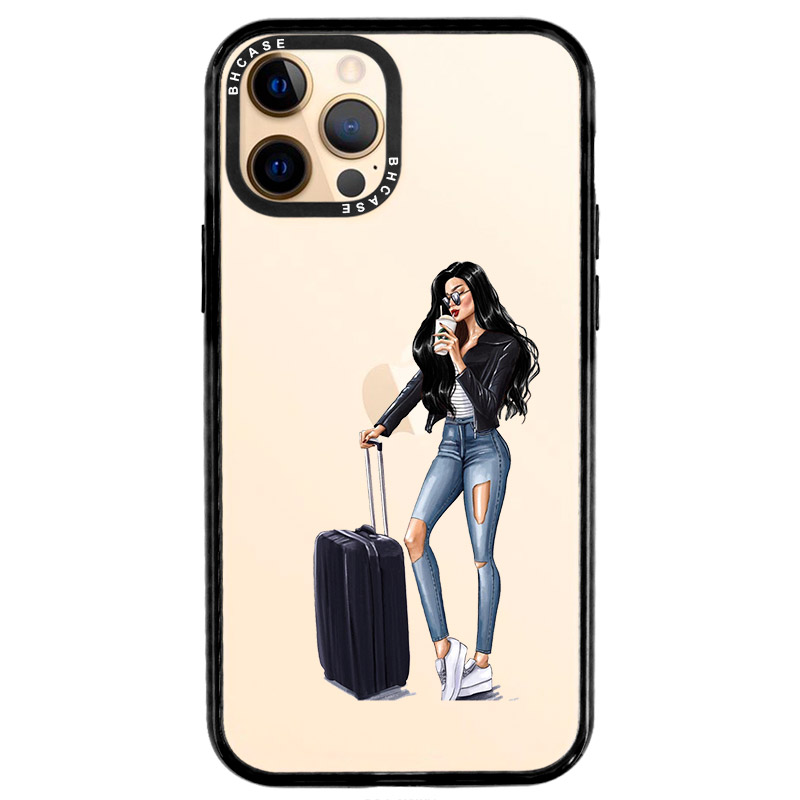Woman Fekete Haired With Baggage iPhone 12 Pro Max Tok