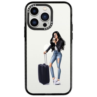 Woman Fekete Haired With Baggage iPhone 14 Pro Tok