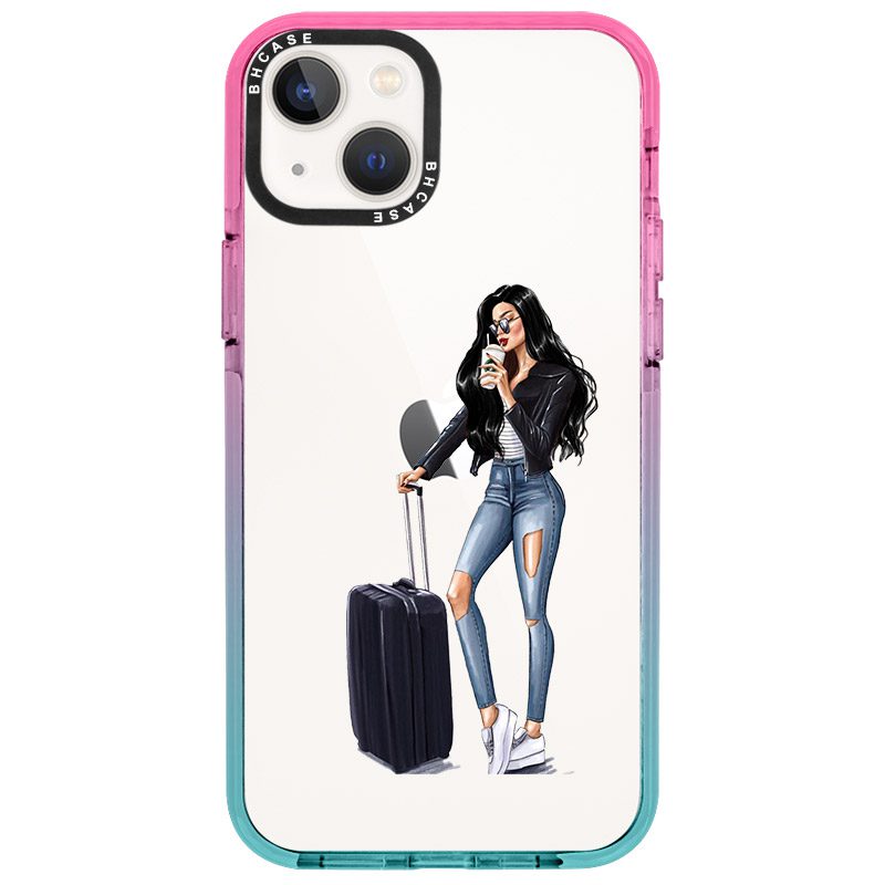 Woman Fekete Haired With Baggage iPhone 14 Tok