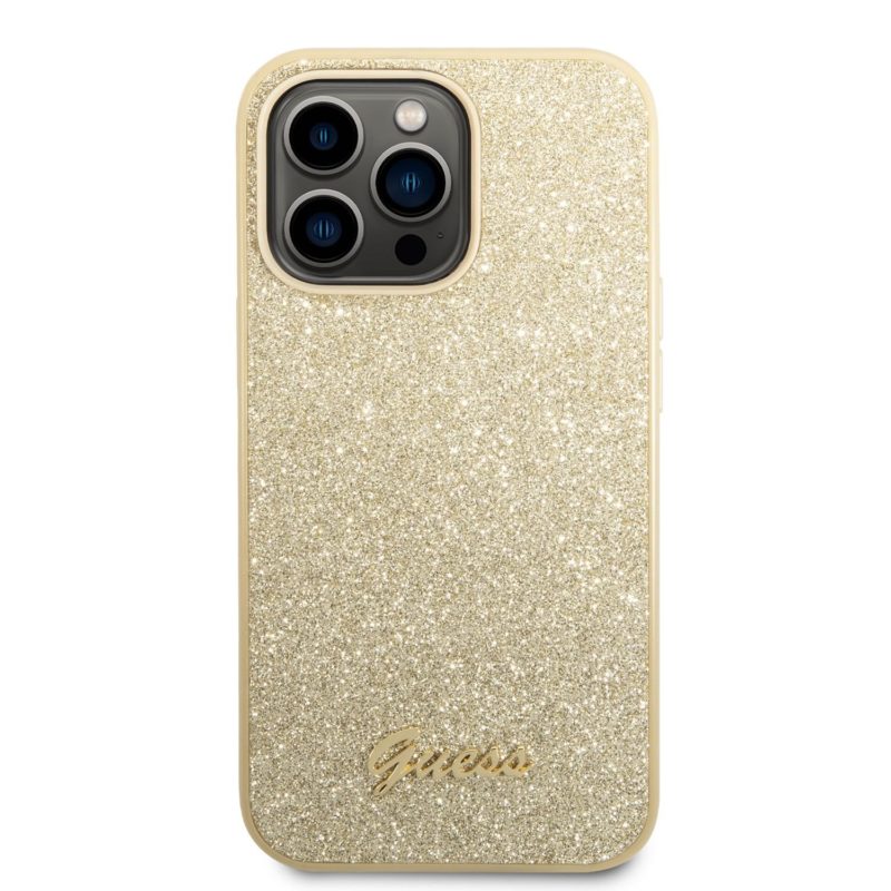 Guess PC/TPU Glitter Flakes Metal Logo Arany iPhone 14 Pro Tok