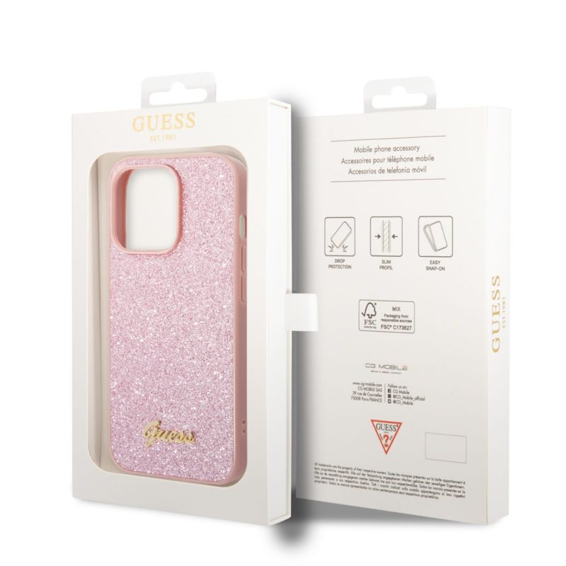 Guess PC/TPU Glitter Flakes Metal Logo Rózsaszín iPhone 14 Tok