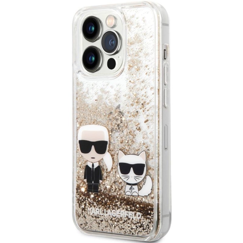 Karl Lagerfeld Liquid Glitter Karl and Choupette Arany iPhone 14 Pro Tok