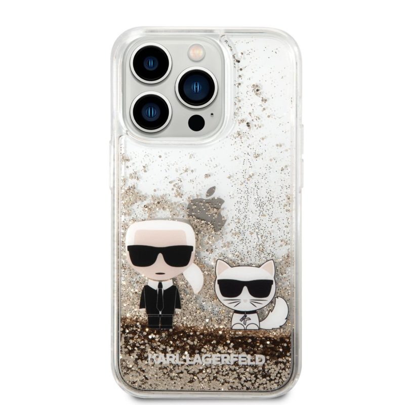 Karl Lagerfeld Liquid Glitter Karl and Choupette Arany iPhone 14 Pro Tok