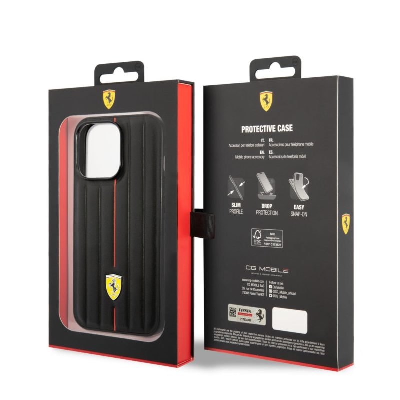Ferrari Leather Embossed Stripes Fekete iPhone 14 Pro Max Tok