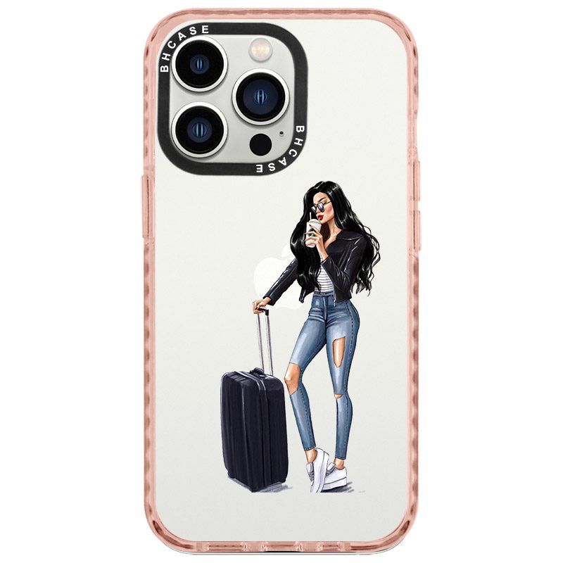 Woman Fekete Haired With Baggage iPhone 14 Pro Tok