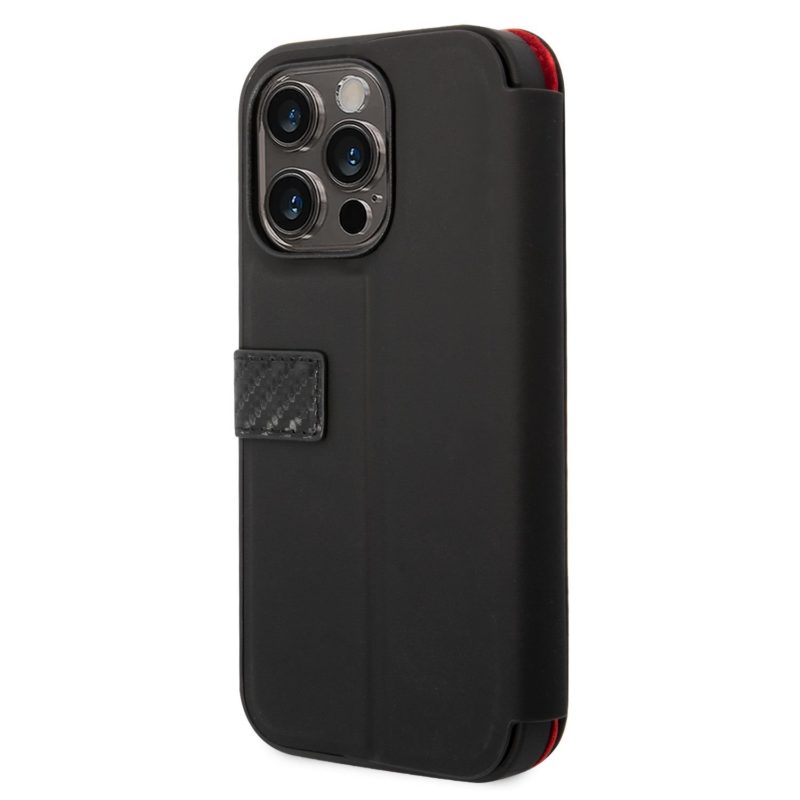 Ferrari Smooth and Carbon Effect Book iPhone 14 Pro Tok Black