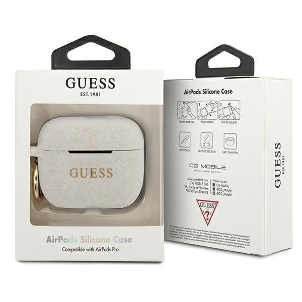 Guess GUACAPSILGLWH Ring Triangle White/Glitter Silicone AirPods Pro Tok