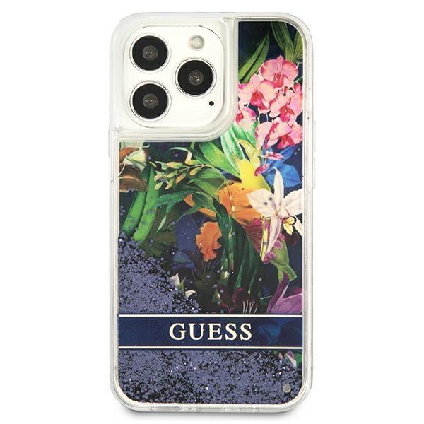 Guess GUHCP13LLFLSB Blue Flower Liquid Glitter iPhone 13 Pro Tok