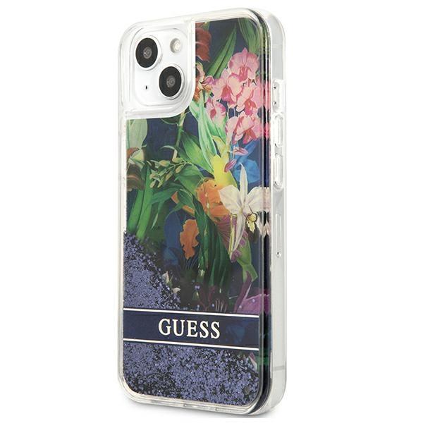 Guess GUHCP13MLFLSB Blue Flower Liquid Glitter iPhone 13 Tok