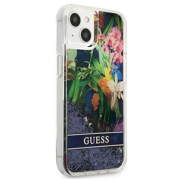 Guess GUHCP13SLFLSB Blue Flower Liquid Glitter iPhone 13 Mini Tok