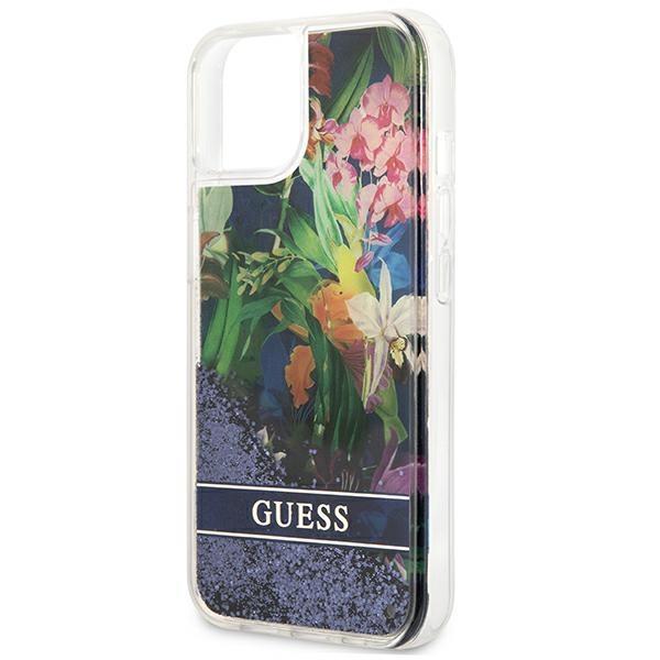 Guess GUHCP13SLFLSB Blue Flower Liquid Glitter iPhone 13 Mini Tok