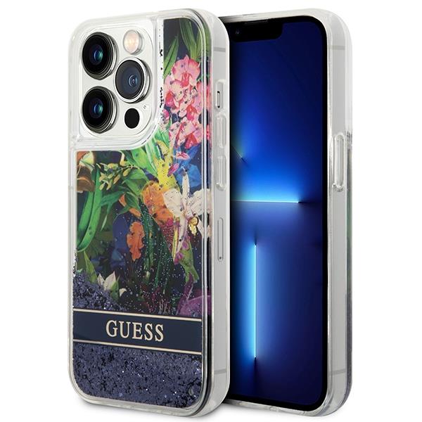 Guess GUHCP14LLFLSB Blue Flower Liquid Glitter iPhone 14 Pro Tok