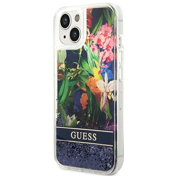 Guess GUHCP14MLFLSB Blue Flower Liquid Glitter iPhone 14 Plus Tok