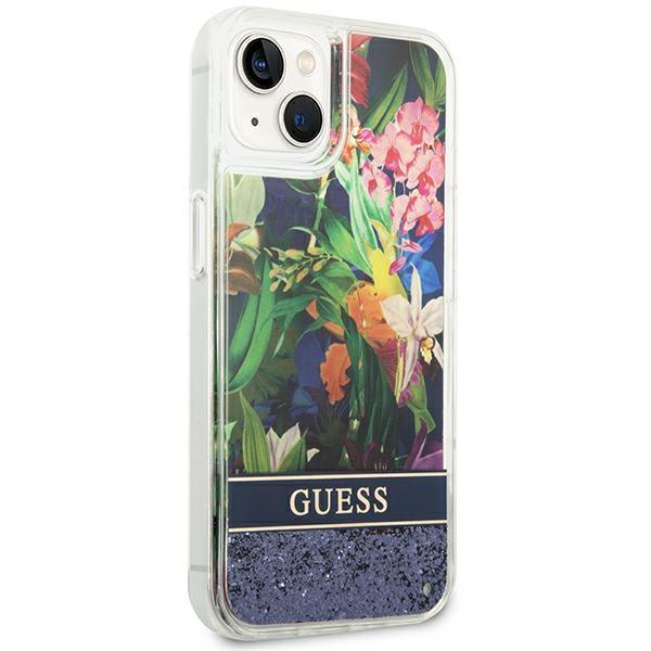 Guess GUHCP14MLFLSB Blue Flower Liquid Glitter iPhone 14 Plus Tok