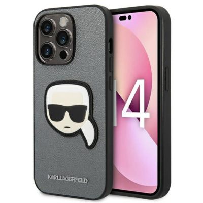 Karl Lagerfeld KLHCP14LSAPKHG Silver Saffiano Karl`s Head Patch iPhone 14 Pro Tok