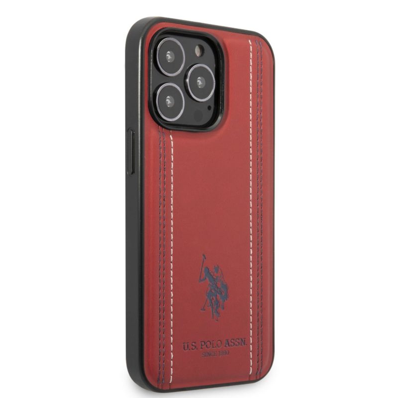 U.S. Polo PU Leather Stitched Lines iPhone 14 Pro Max Tok Red
