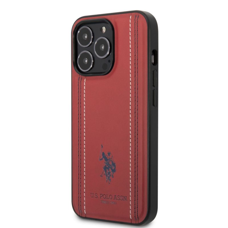 U.S. Polo PU Leather Stitched Lines iPhone 14 Pro Max Tok Red