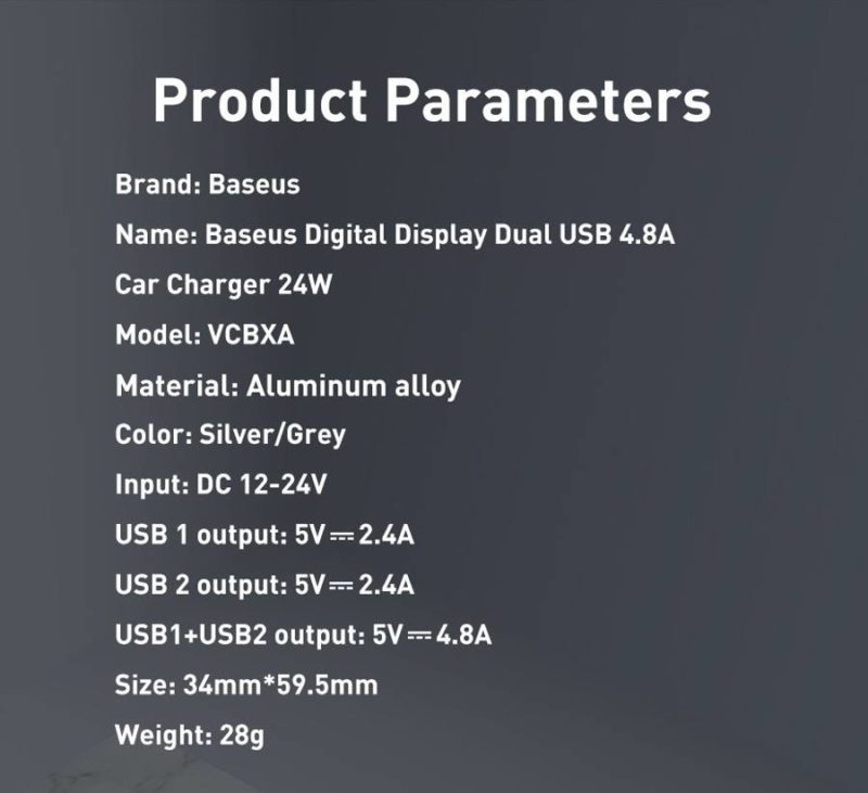 Baseus Autó Töltő 2x USB 4.8A 24W LCD Silver (CCBX-0S)