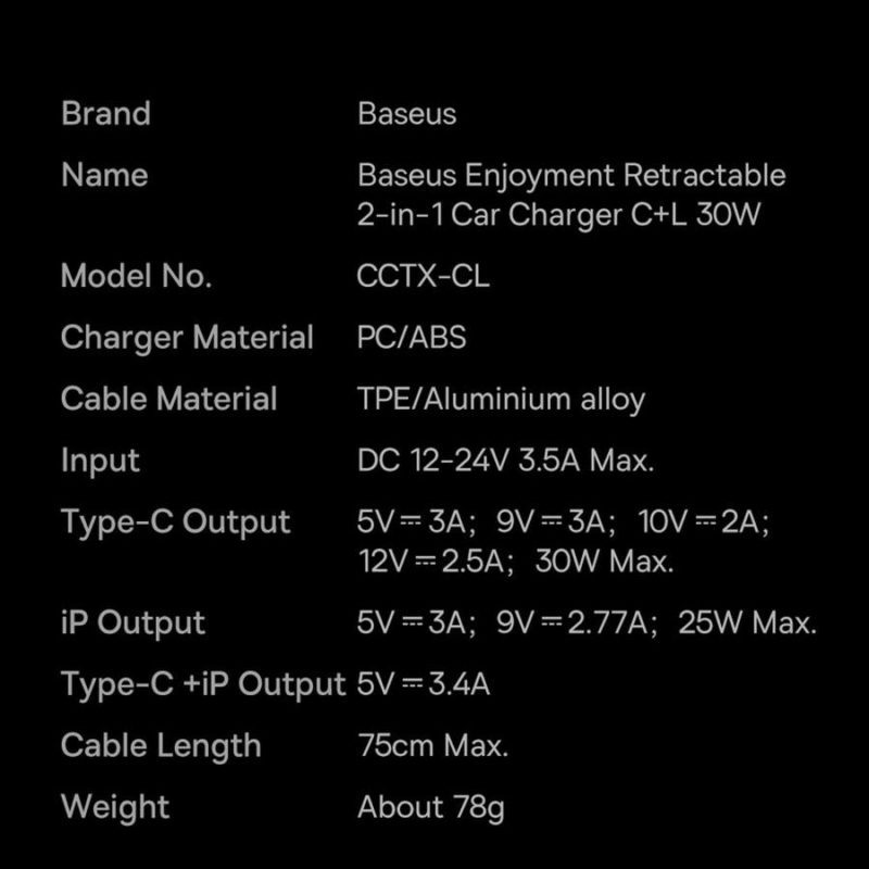 Baseus Enjoyment Retractable 2-in-1 Autó Töltő C+L 30W Black