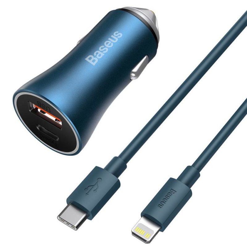 Baseus Golden Contacr Pro Quick Autó Töltő USB Type C USB 40 W Power Delivery 3.0 Quick Charge 4+ SCP FCP AFC + USB Typ C - Lightning Cable Blue (TZCCJD-03)