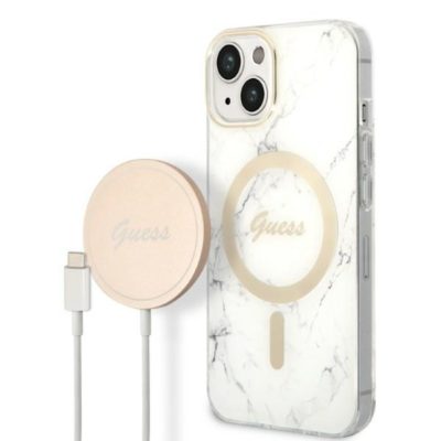 Guess GUBPP14MHMEACSH White Marble MagSafe iPhone 14 Plus Tok + Töltő