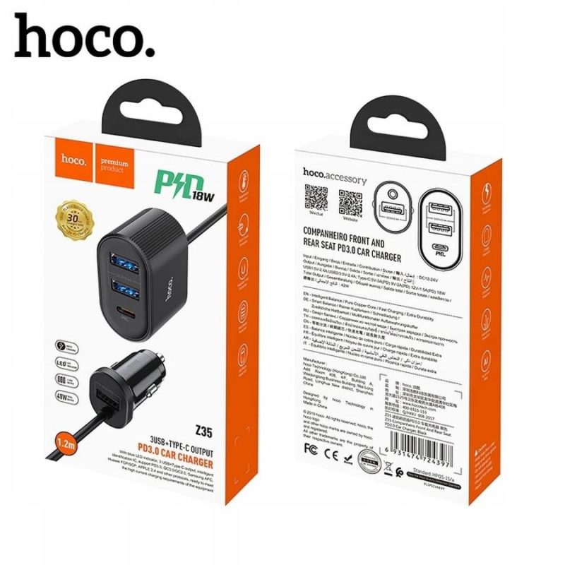 Hoco Autó töltő Z35 18W PD USB-C + 3 x USB3.0 Set Black
