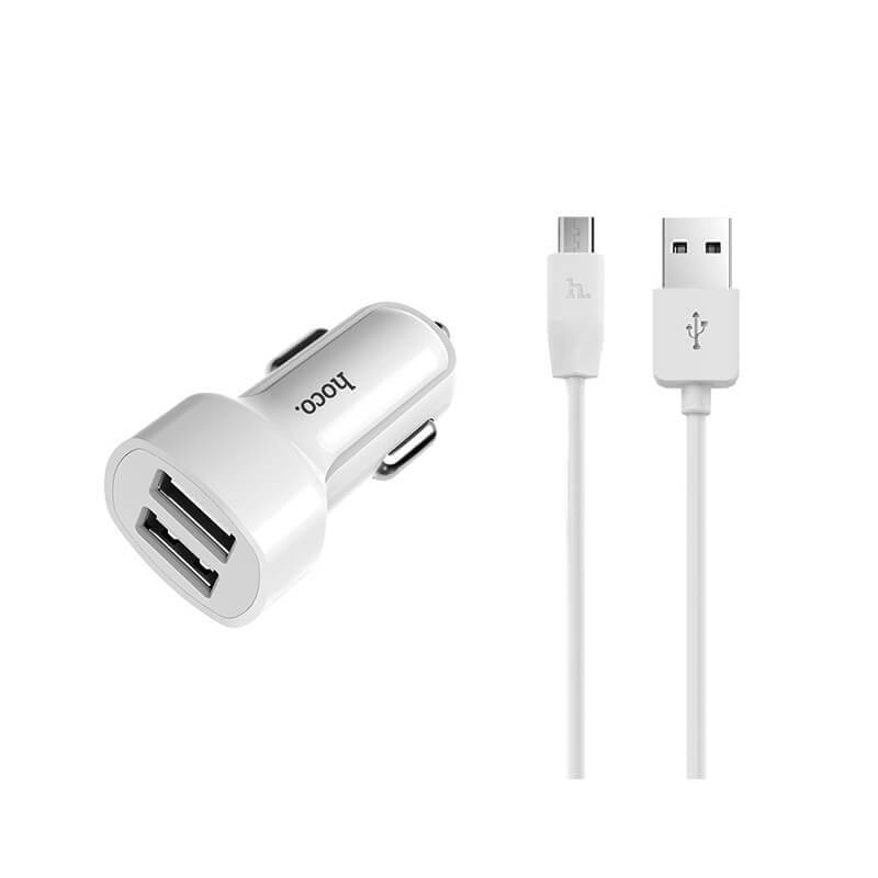 Hoco Z2A 2.4A 2X USB Autó töltő + Micro USB Cable White