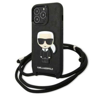 Karl Lagerfeld KLHCP13LCMNIPK Black Leather Monogram Patch And Cord Iconik iPhone 13 Pro Tok