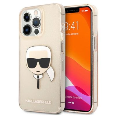 Karl Lagerfeld KLHCP13LKHTUGLGO Gold Glitter Karl`s Head iPhone 13 Pro Tok