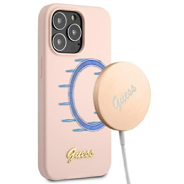 Guess GUHMP13XLSLMGLP Light Pink Hardcase Silicone Script Gold Logo Magsafe iPhone 13 Pro Max Tok