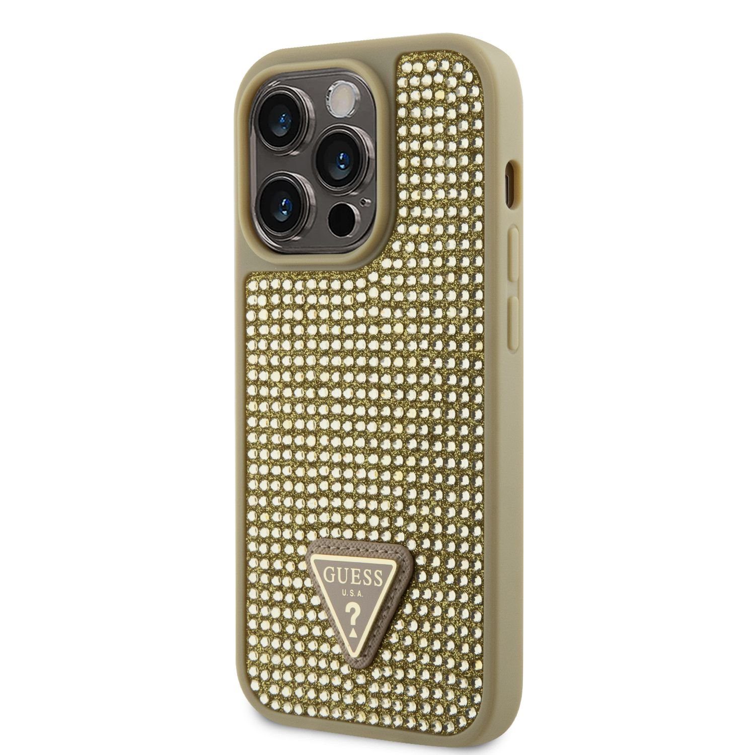 Guess Rhinestones Triangle Metal Logo Gold iPhone 14 Pro Tok