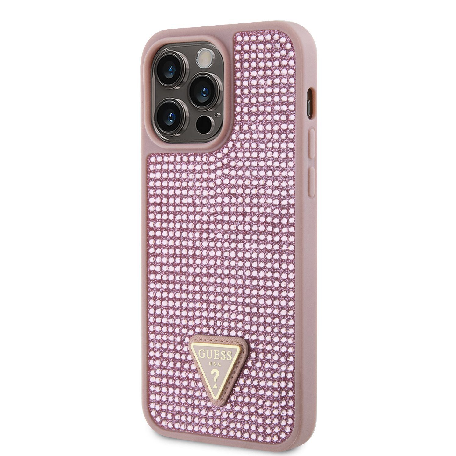 Guess Rhinestones Triangle Metal Logo Pink iPhone 14 Pro Max Tok
