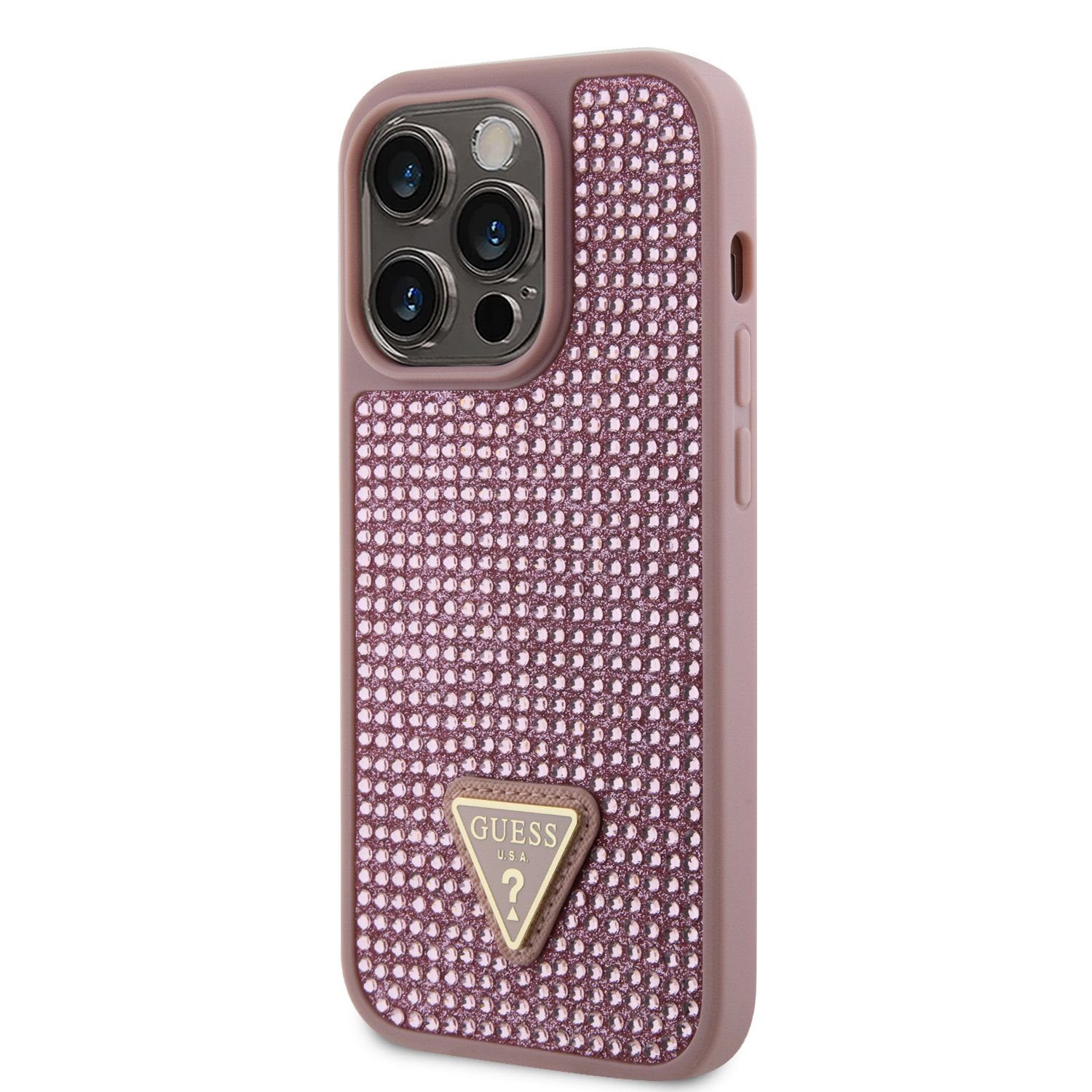 Guess Rhinestones Triangle Metal Logo Pink iPhone 14 Pro Tok