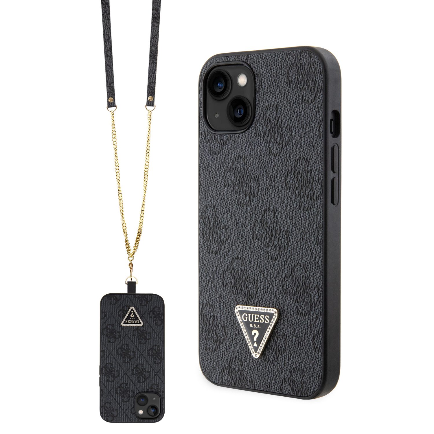 Guess PU 4G Strass Triangle Metal Logo Black Crossbody Strap + iPhone 15 Tok