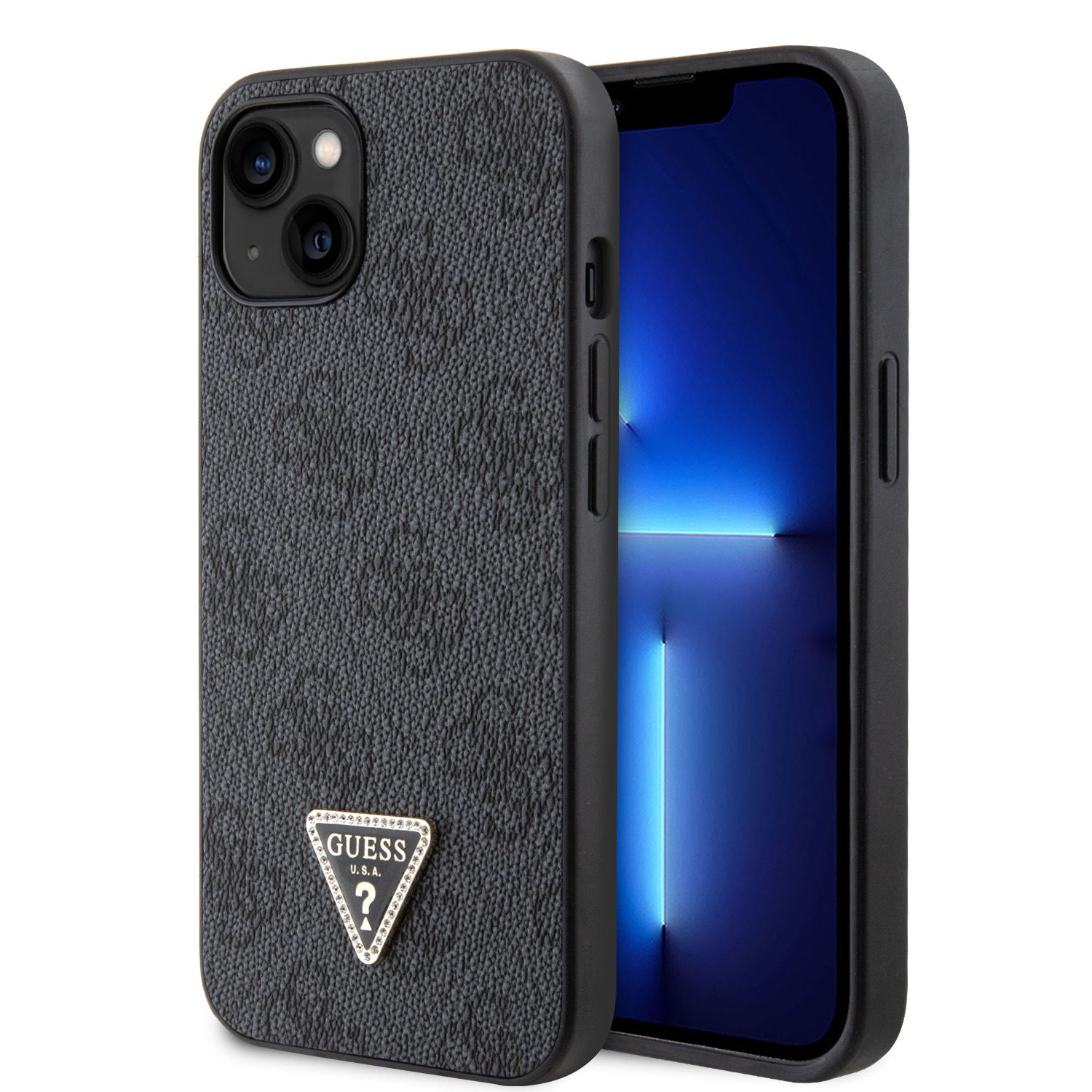 Guess PU 4G Strass Triangle Metal Logo Black iPhone 15 Tok