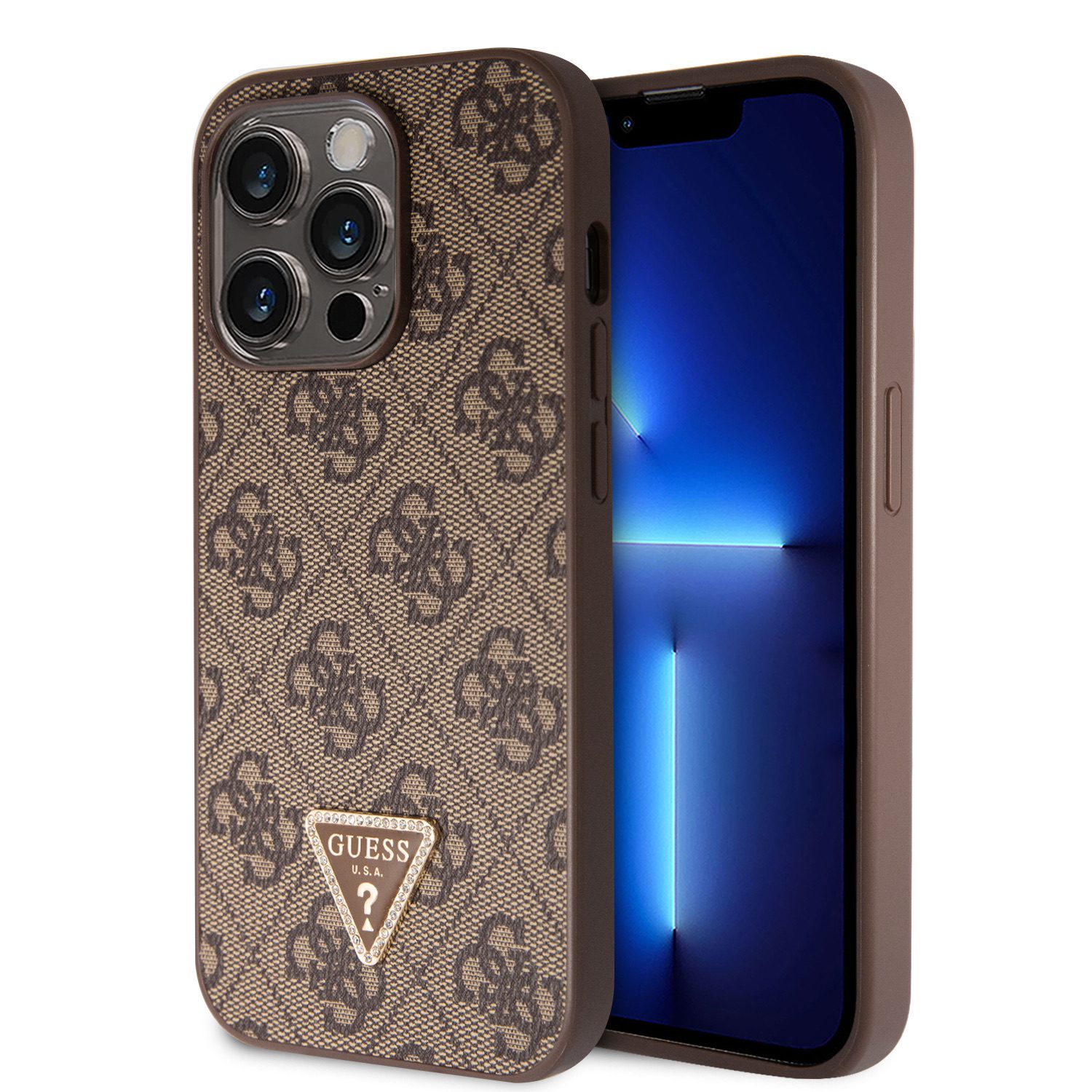Guess PU 4G Strass Triangle Metal Logo Brown iPhone 15 Pro Tok