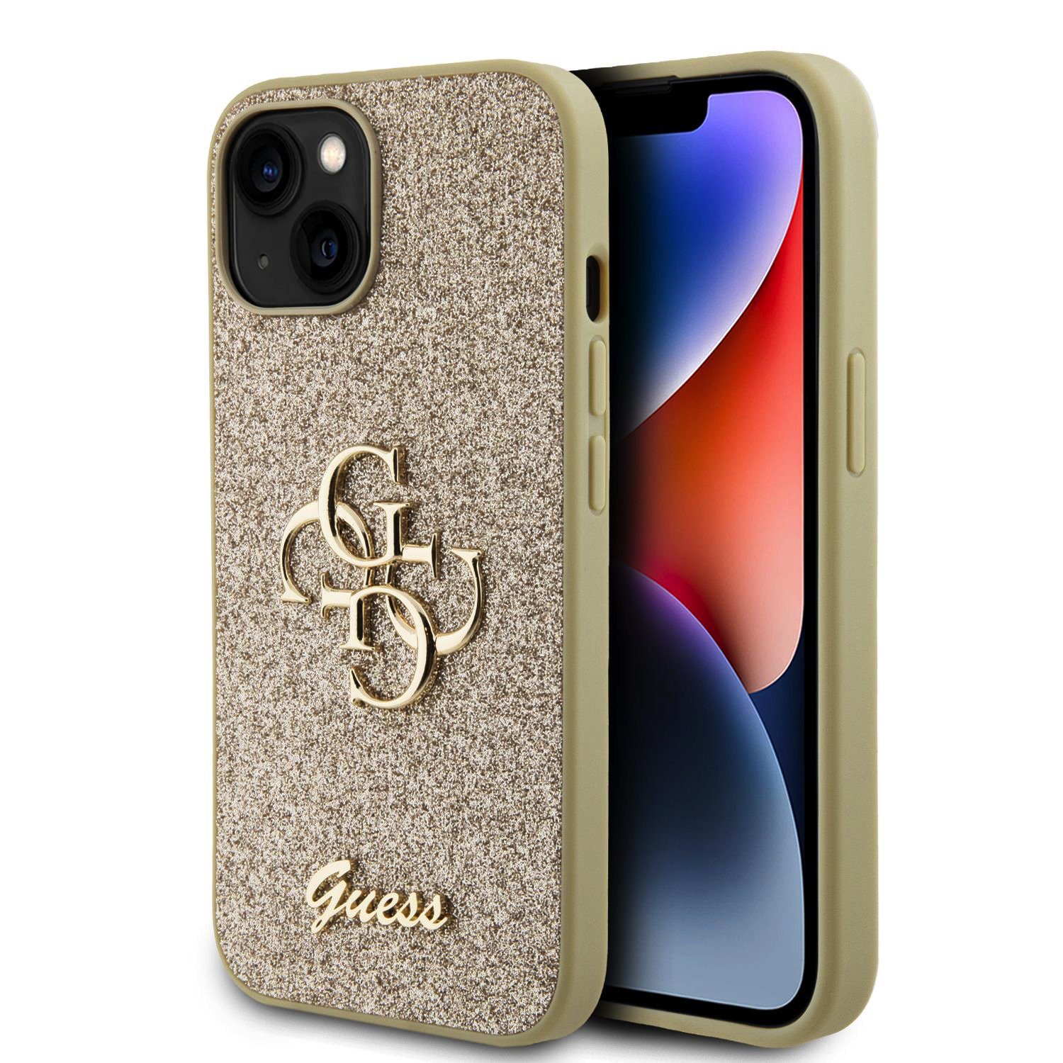 Guess PU Fixed Glitter 4G Metal Logo Gold iPhone 15 Tok