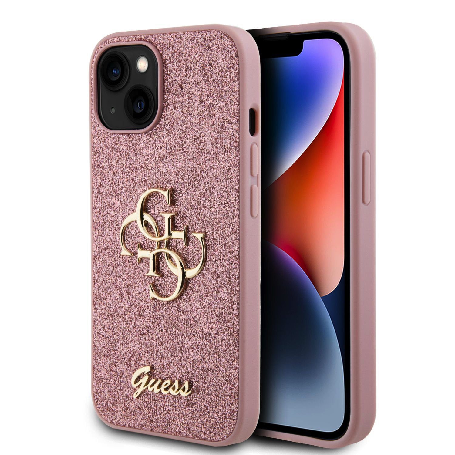 Guess PU Fixed Glitter 4G Metal Logo Pink iPhone 15 Tok