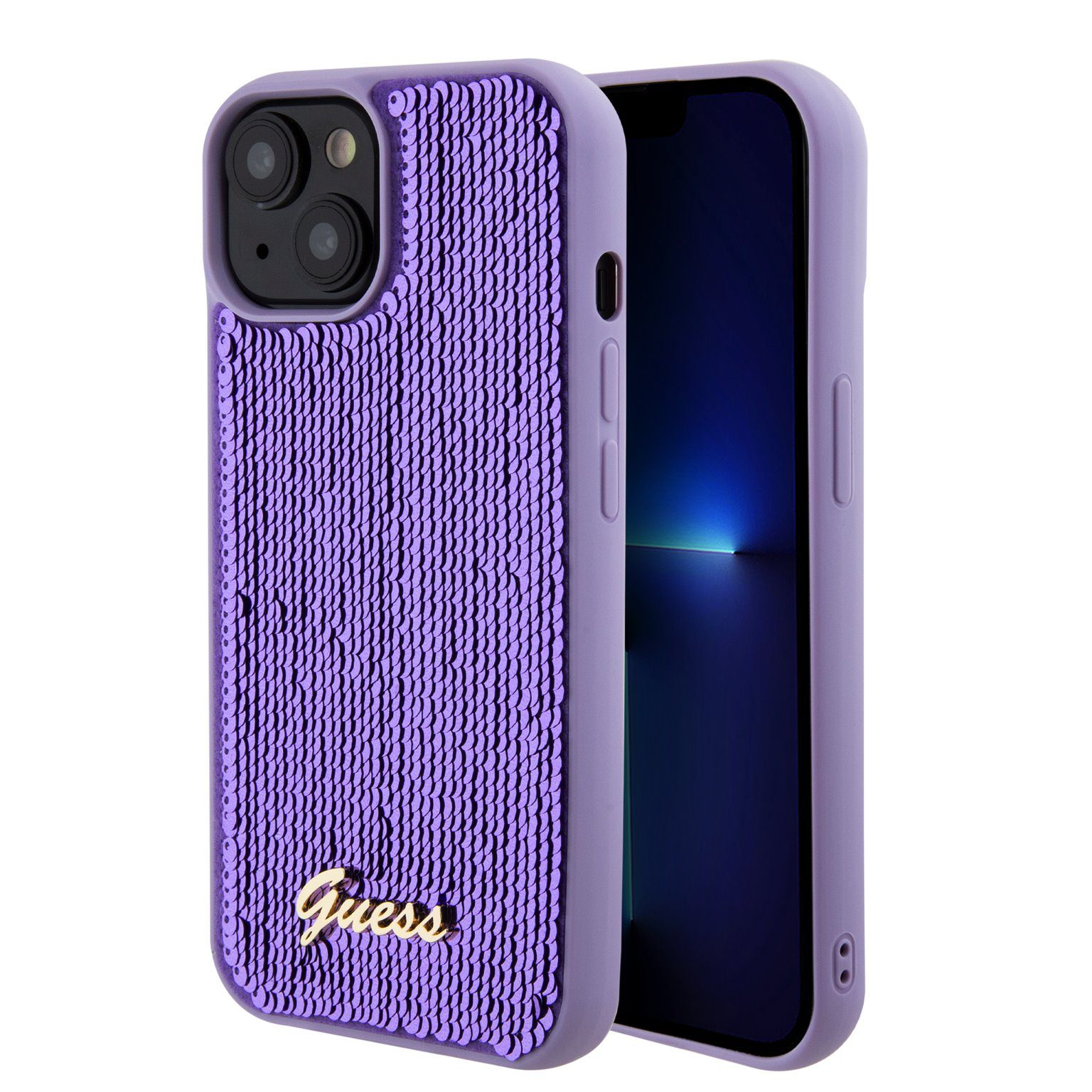 Guess Sequin Script Logo Purple iPhone 15 Tok