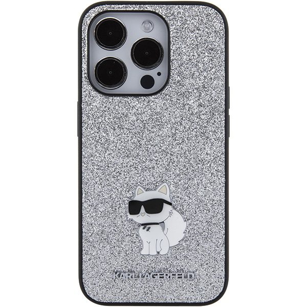 Karl Lagerfeld KLHCP15LGCNPSG Silver Hardcase Fixed Glitter Choupette Logo Metal Pin iPhone 15 Pro Tok
