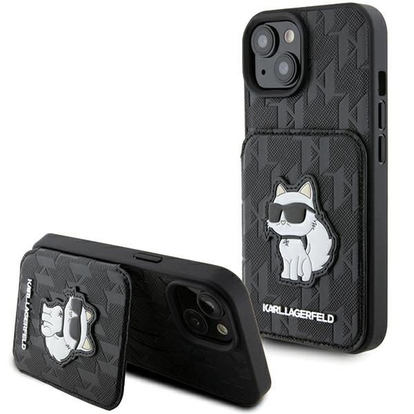 Karl Lagerfeld KLHCP15SSAKCNSCK Black Hardcase Saffiano Cardslots and Stand Monogram Choupette iPhone 15 Tok