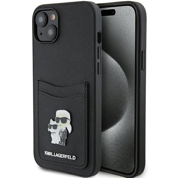 Karl Lagerfeld KLHCP15SSAPKCNPK Black Hardcase Saffiano Cardslot Karl&Choupette Metal Pin iPhone 15 Tok
